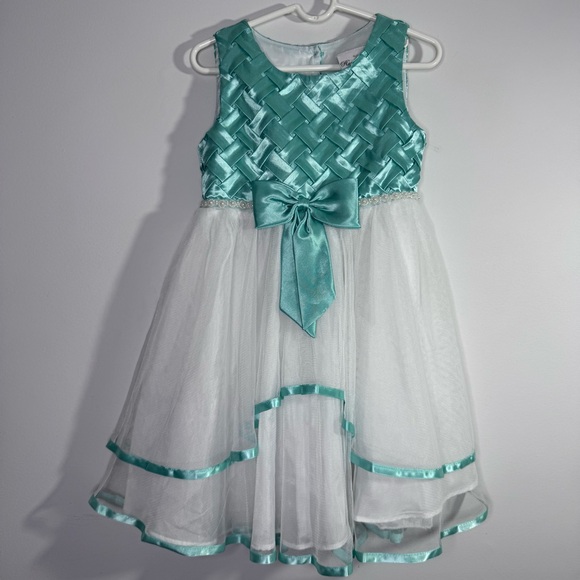 Rare Editions Other - Rare Editions Girls Aqua White Party Dress Bow Tulle Easter Wedding 5